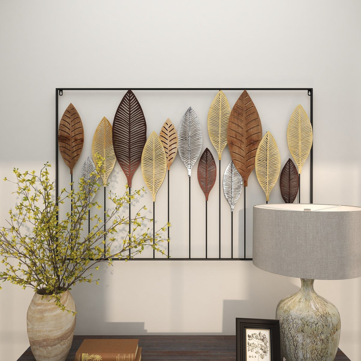 Metal Leaf Tall Cut-Out Home Wall Decor with Intricate Laser Cut Designs - Multi Colored - Roche River Decor