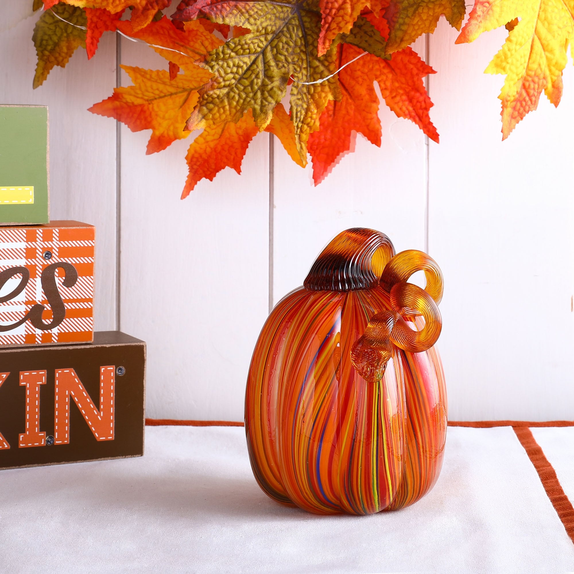 Glitzhome Handblown Multi Striped Fall Harvest Glass Pumpkins Thanksgiving Gift