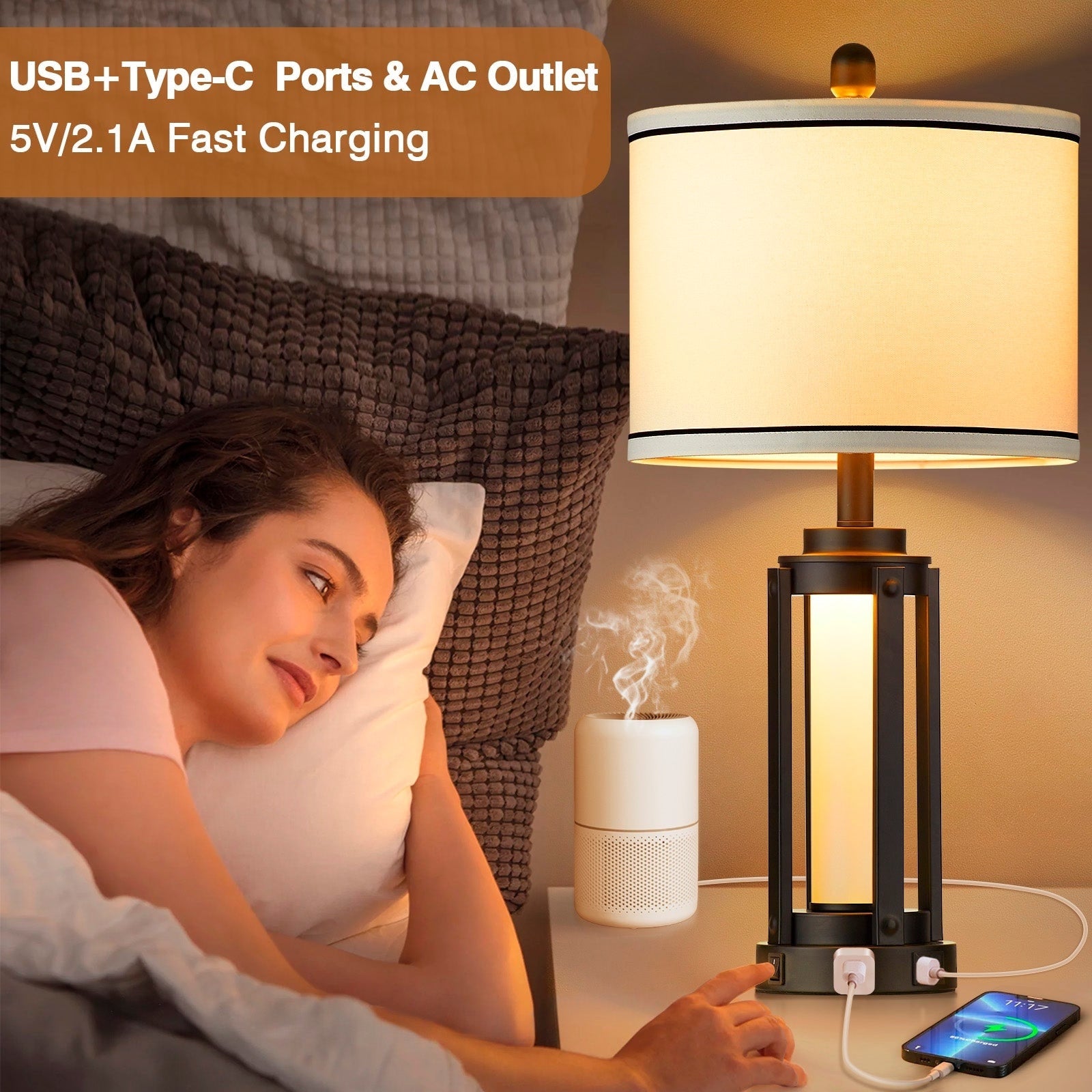 Black Metal Table Lamps Nightlight 2in1 USB & Type-C Charging Ports AC Outlet & Knockdown Drum Shade (Set of 2)