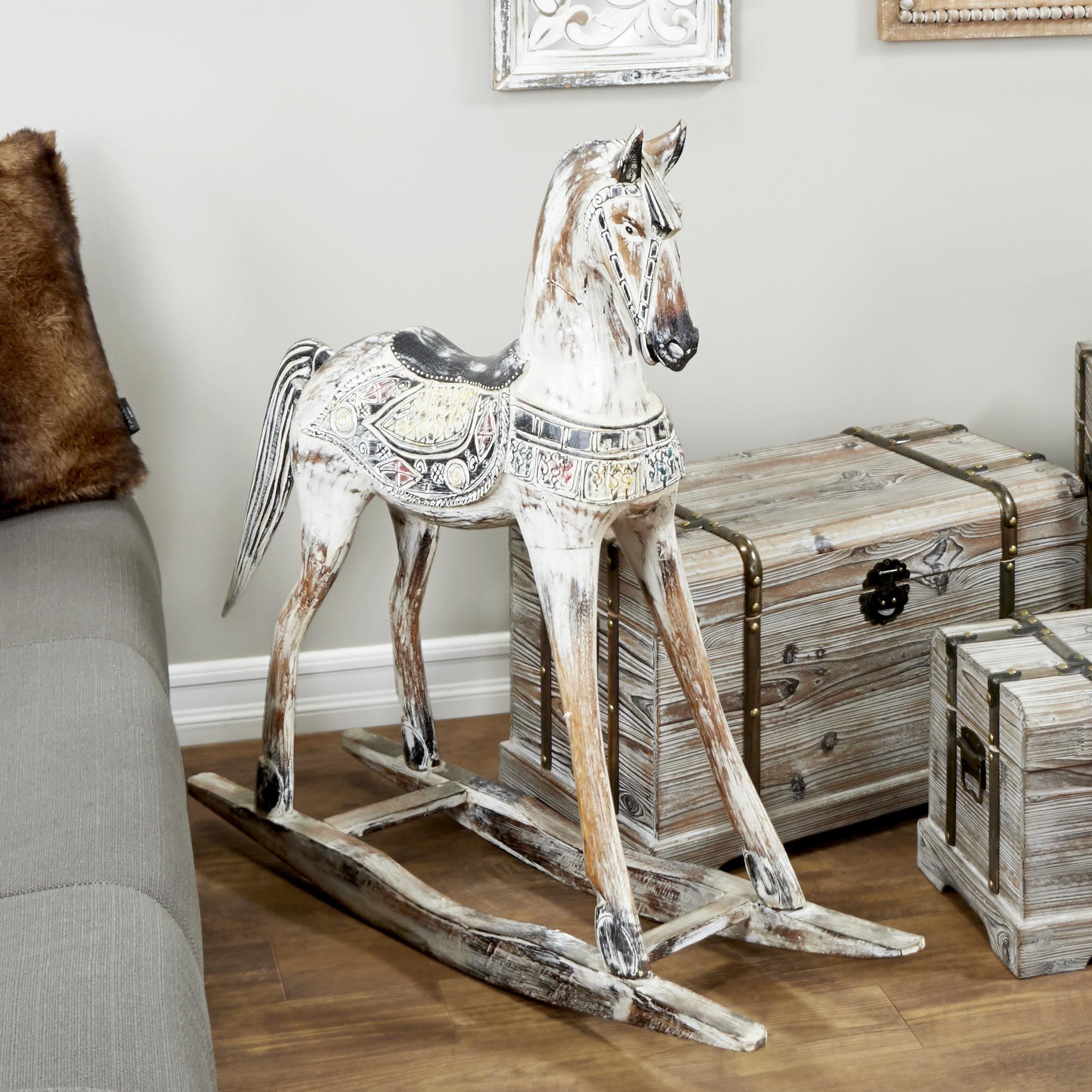 Wood Horse Rocking Decorative Sculpture with Brown Distressing and Colorful Accents - Beige - Roche River Decor