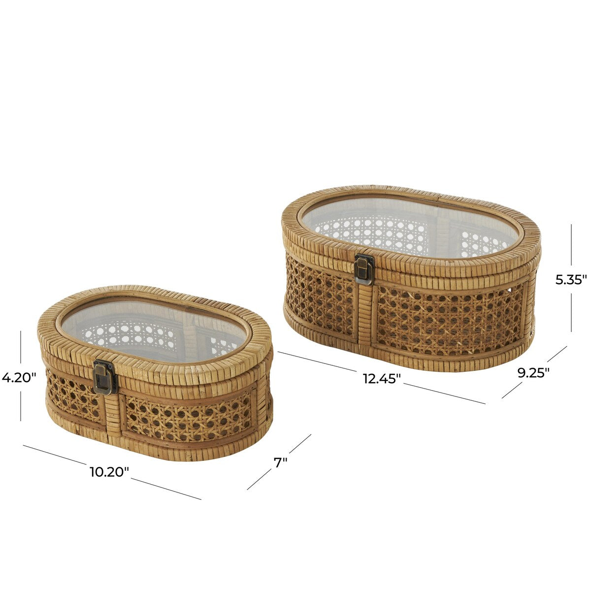 Rattan Handmade Wrapped Oval Storage Decorative Box with Cane Panels and Tempered Glass Top - Set of 2 Brown - Roche River Decor