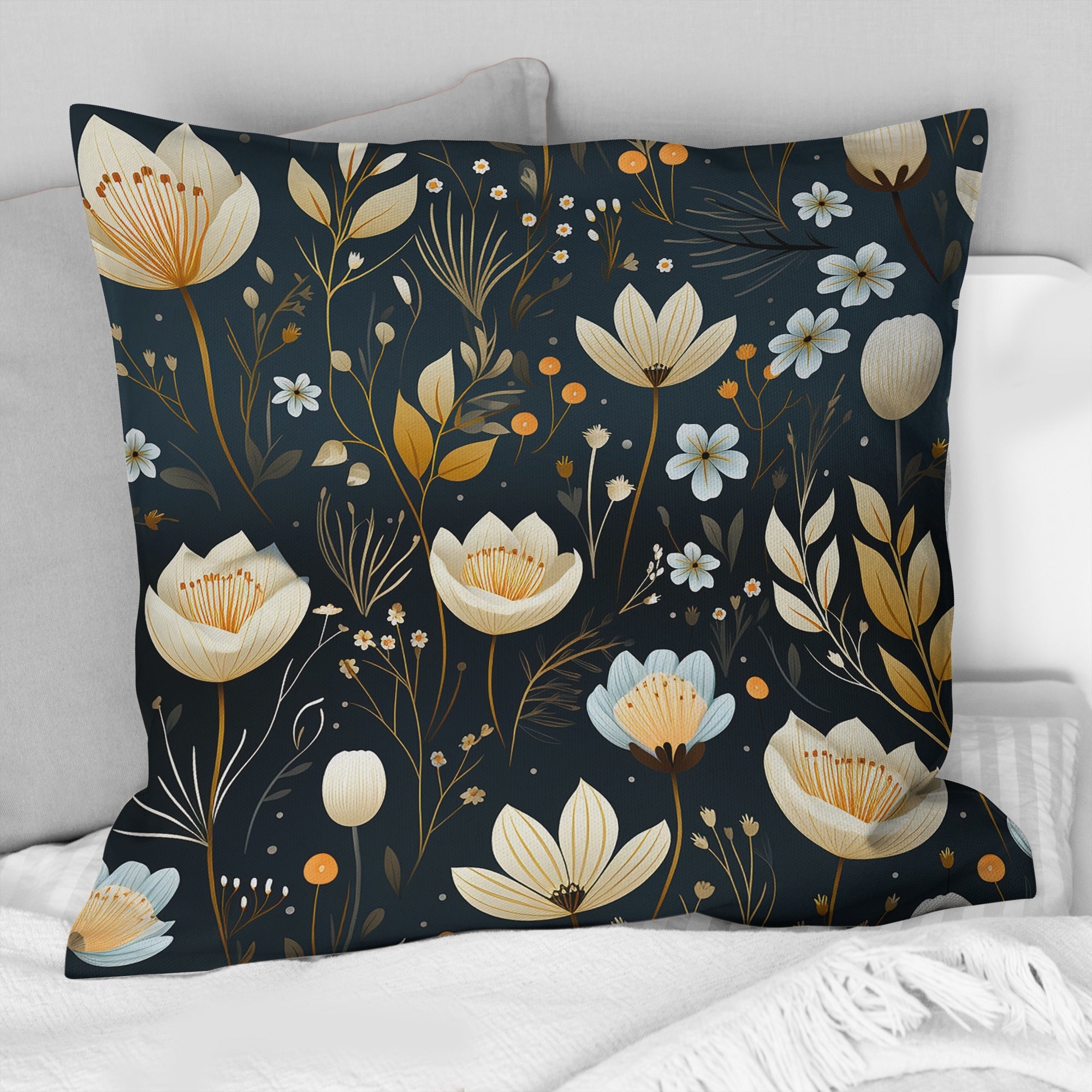 Designart Dark Blue And White Allure Daffodil Pattern III Floral Printed Throw Pillow