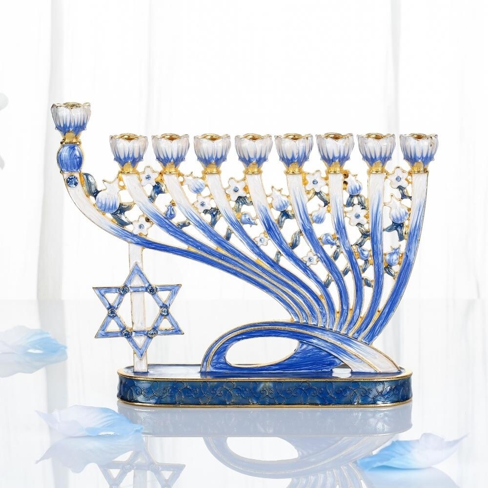 Hand Painted Blue Enamel Menorah Candelabra with Star of David by Matashi