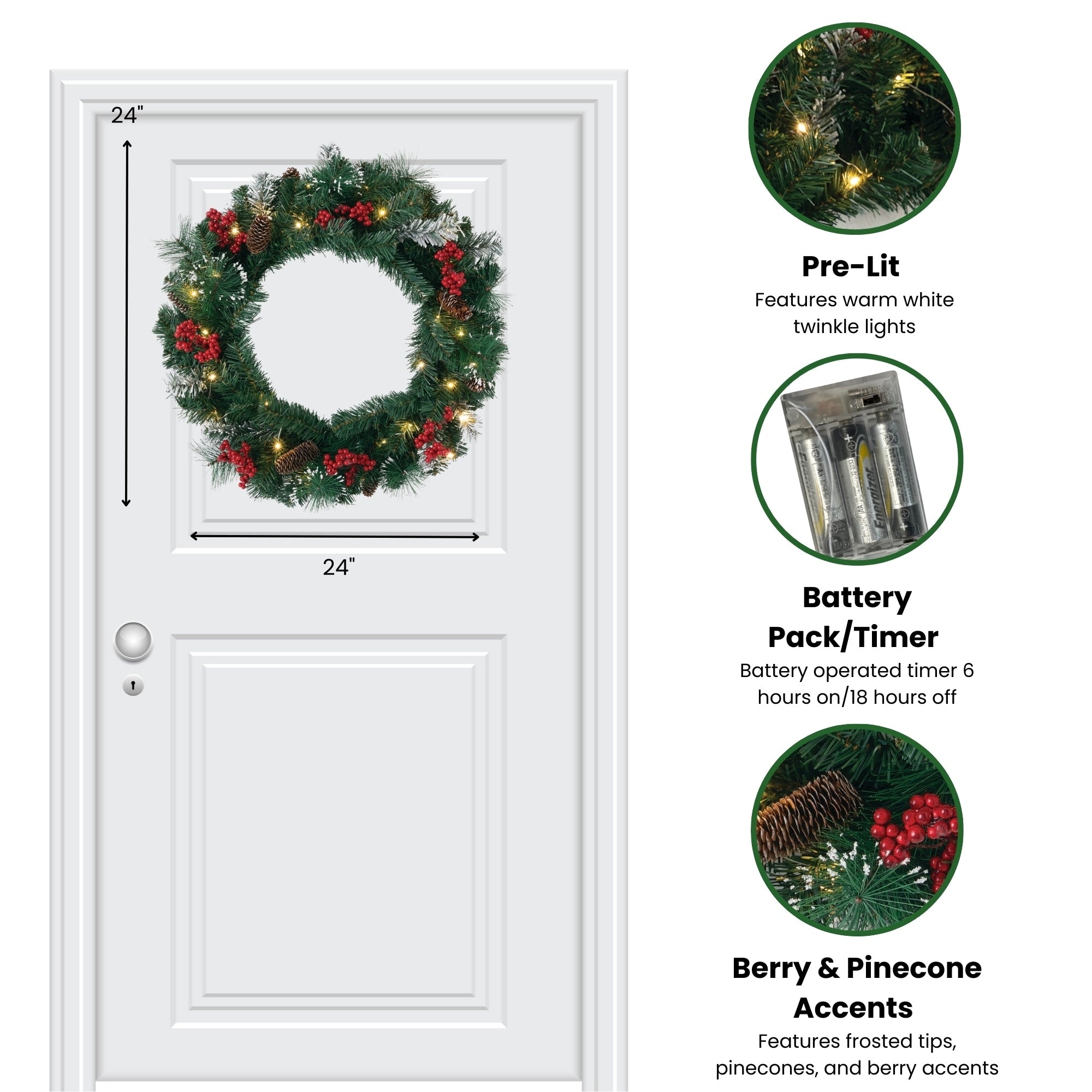 Sullivans Artificial 24 LED Mixed Pine Christmas Wreath with Flocking, Pinecones and Berries, Green