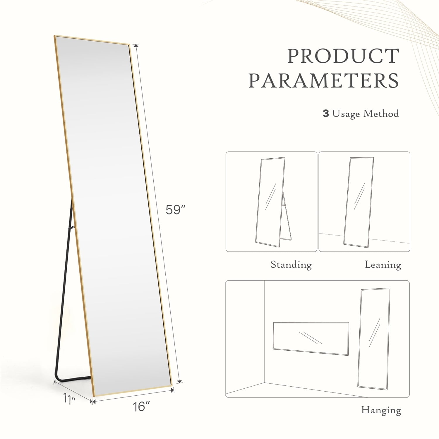 Full Length Mirror with Stand, Floor Mirror with Aluminum Alloy Frame for Bedroom, Standing Full Body Mirror for Wall, Cloakroom