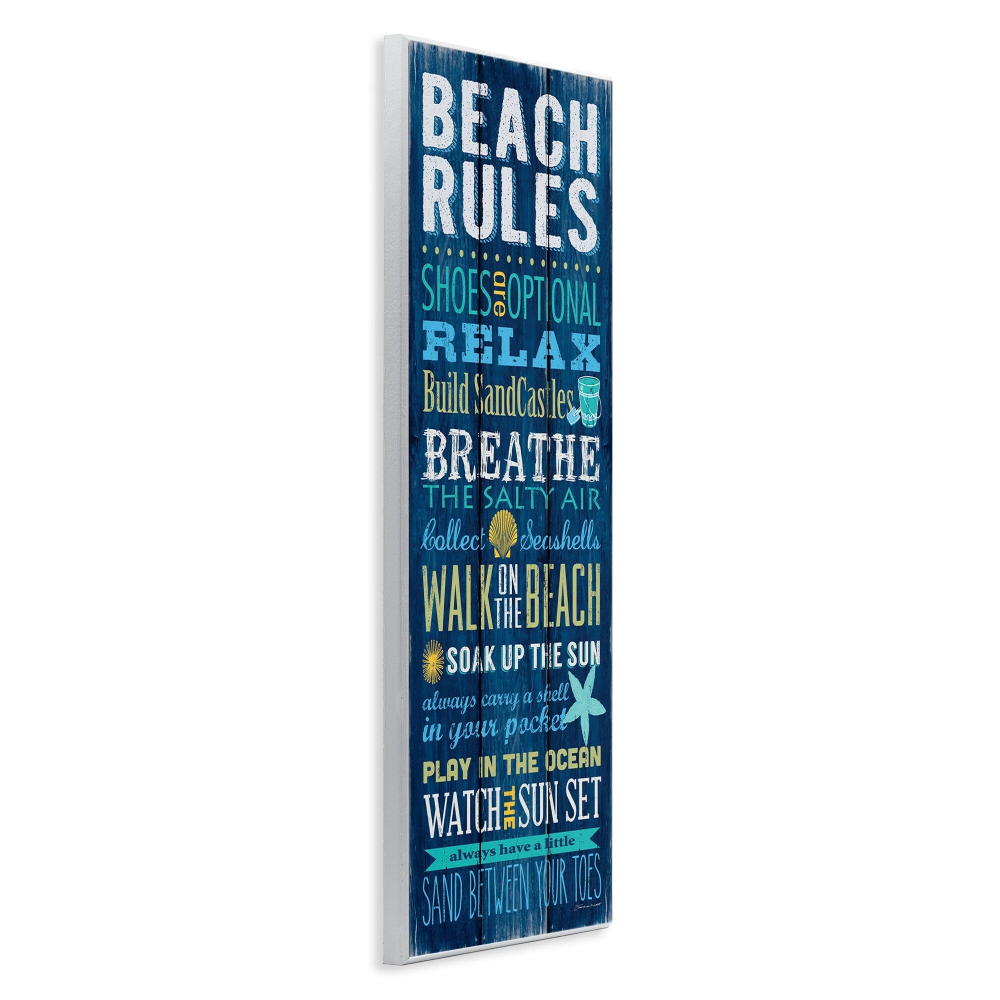 Stupell Beach Rules Sign Blue Planked Pattern Motivational Phrases Wood Wall Art - White