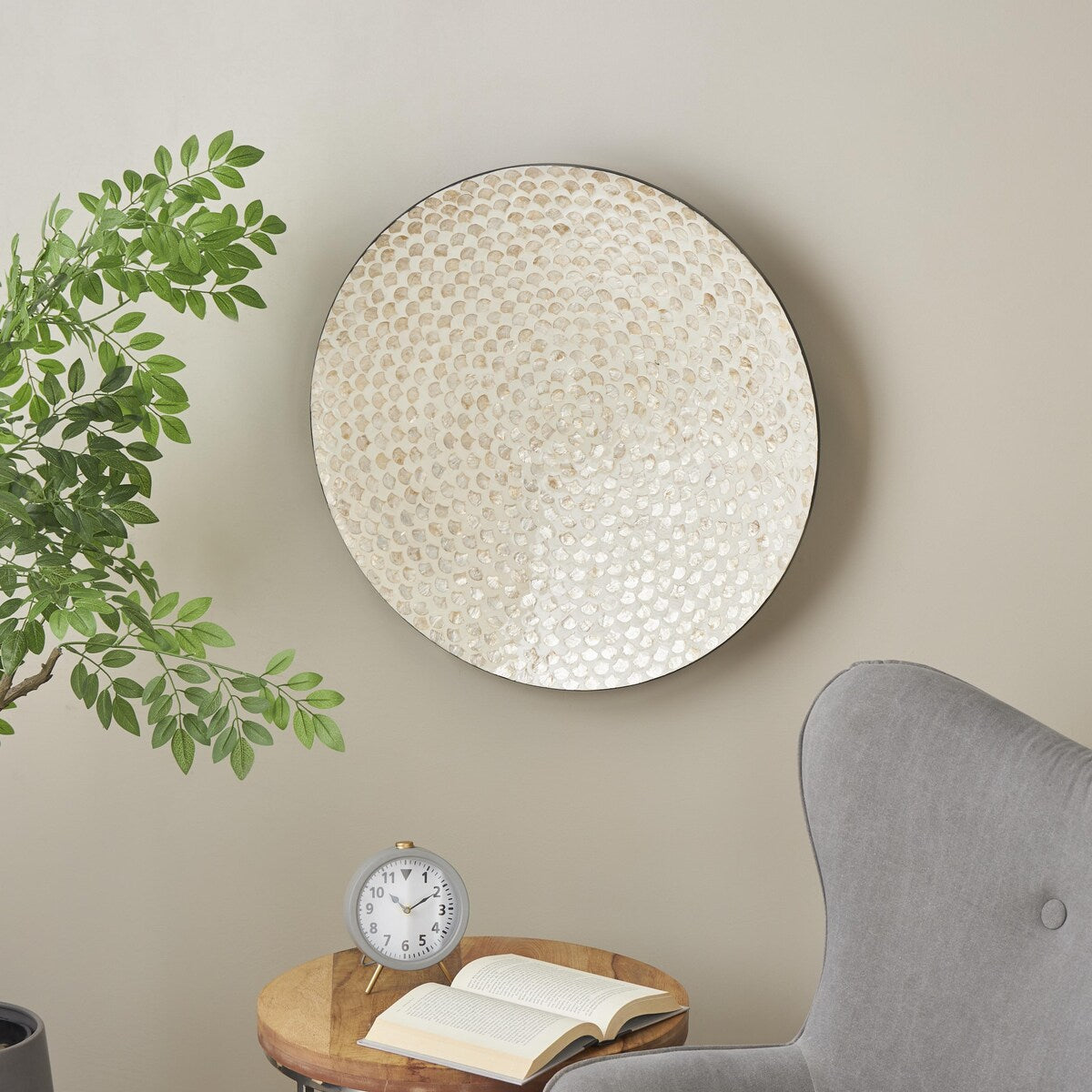 Mother of Pearl Shell Geometric Round Disc Home Wall Decor with Black Frame - Cream - Roche River Decor