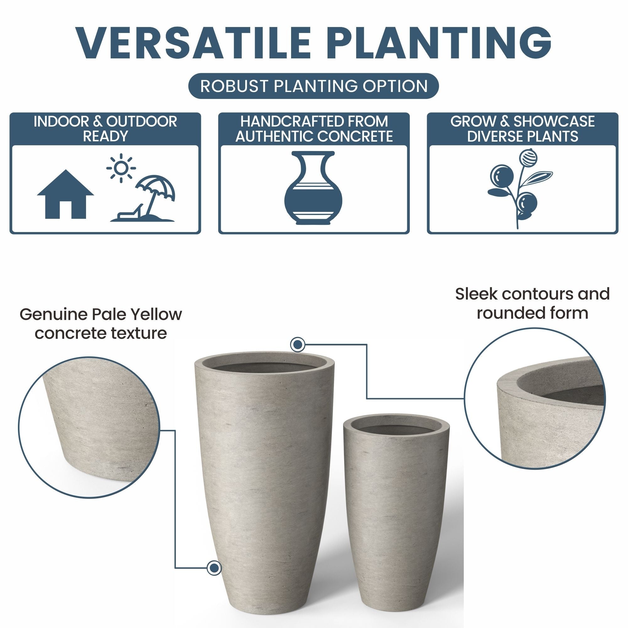 Tall Concrete Round Plant Pots / Large Indoor and Outdoor flower Planters