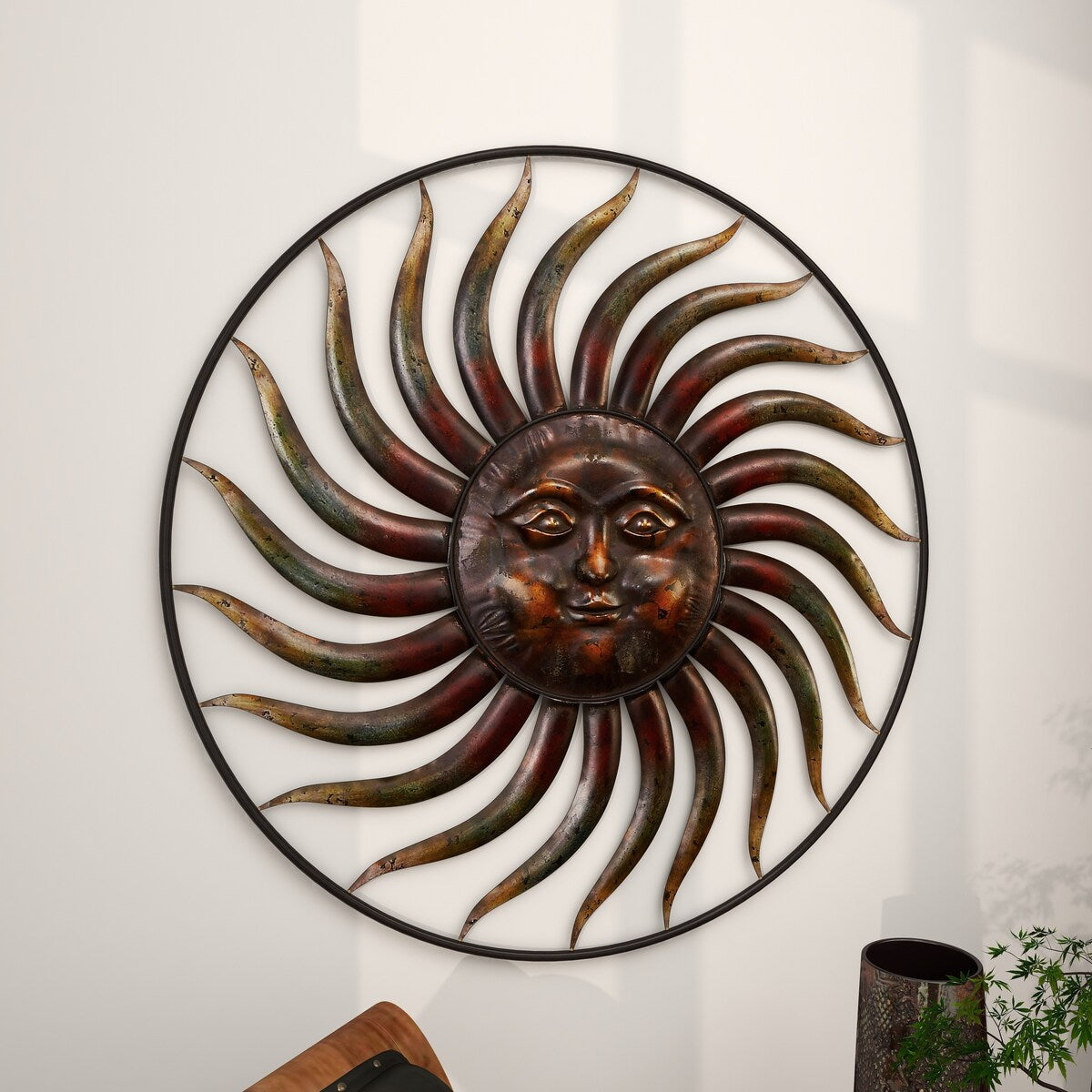 Metal Sun Indoor Outdoor Weathered Home Wall Decor with Green Accents - Copper - Roche River Decor