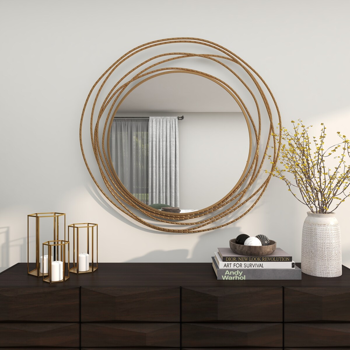 Metal Room Wall Mirror with Overlapping Ring Frame - Gold - Roche River Decor