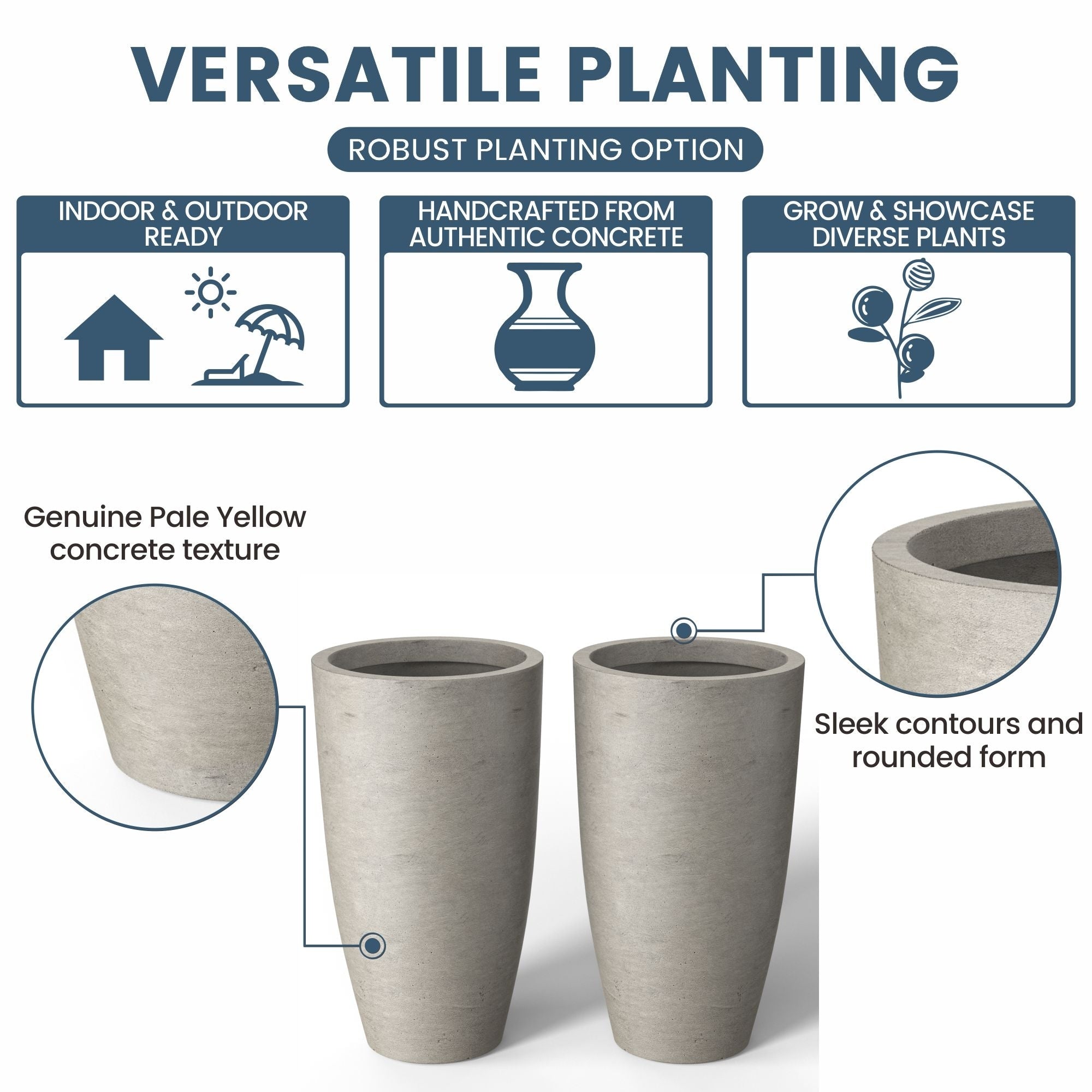 Tall Concrete Round Plant Pots / Large Indoor and Outdoor flower Planters