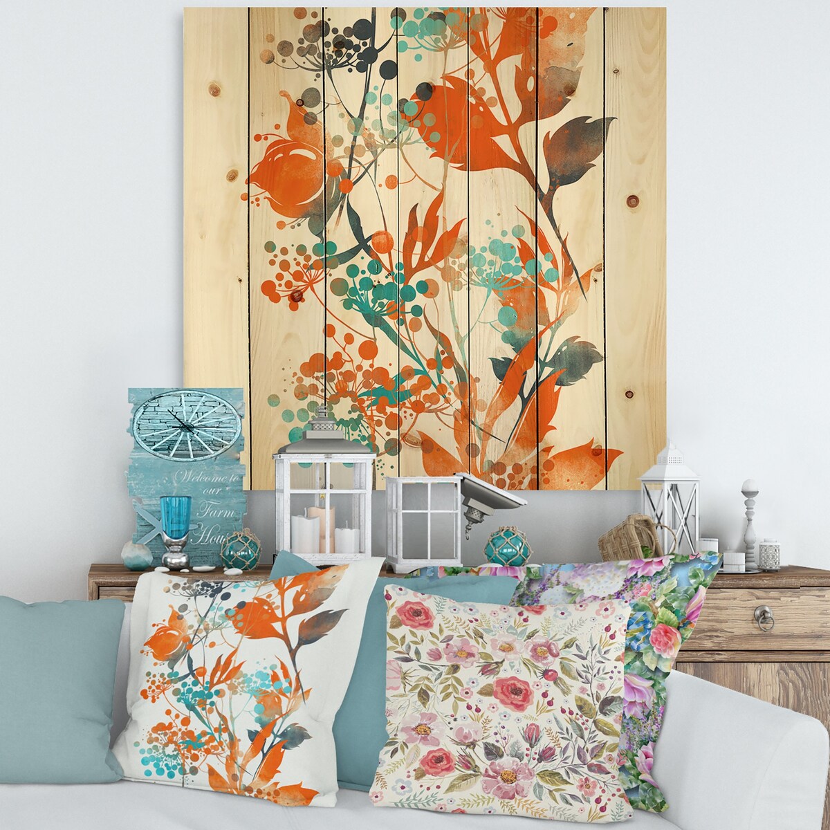 Designart 'Green and Orange Wildflowers III' Modern Print on Natural Pine Wood