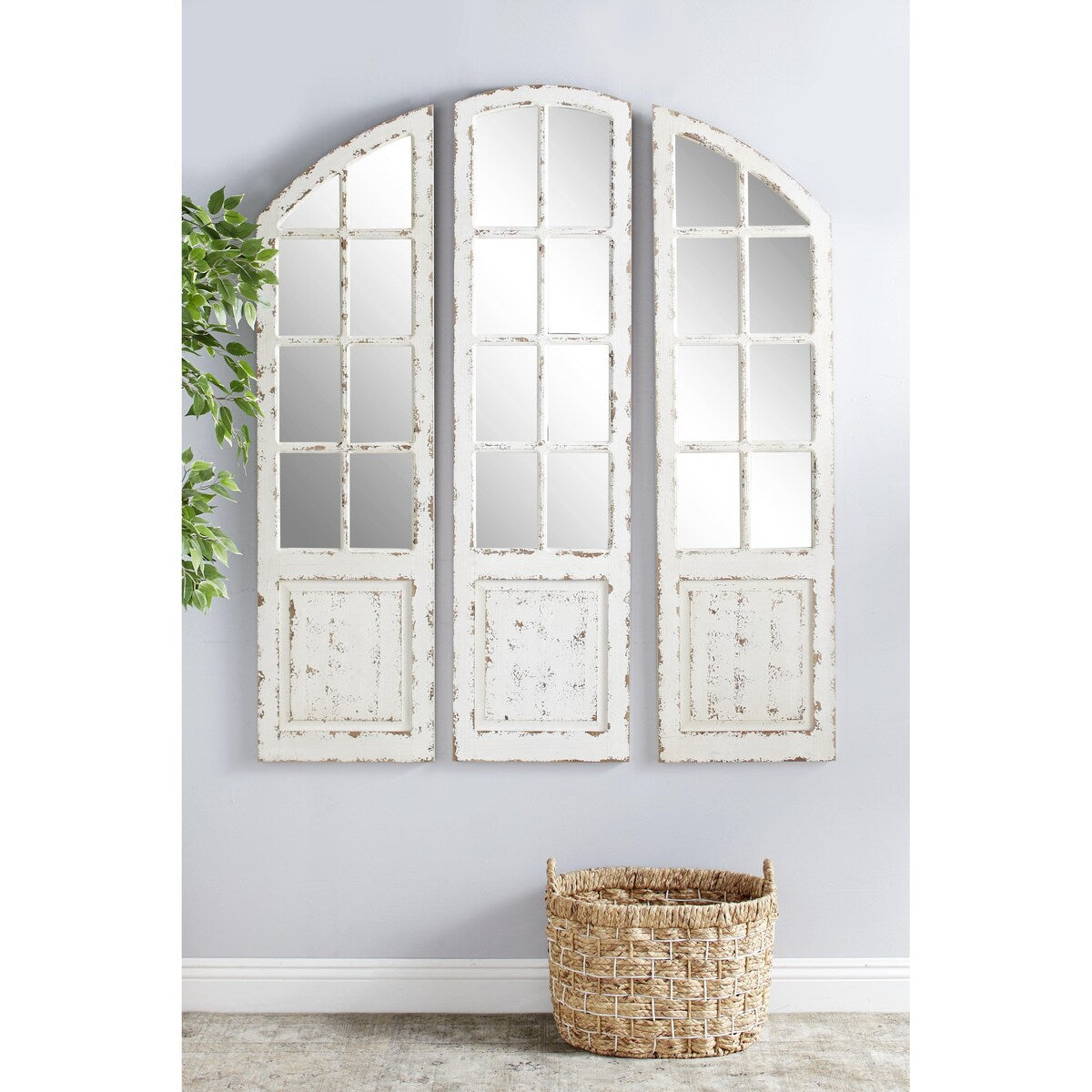 Wood Window Pane Inspired Room Wall Mirror with Arched Top and Distressing - Set of 3 White - Roche River Decor