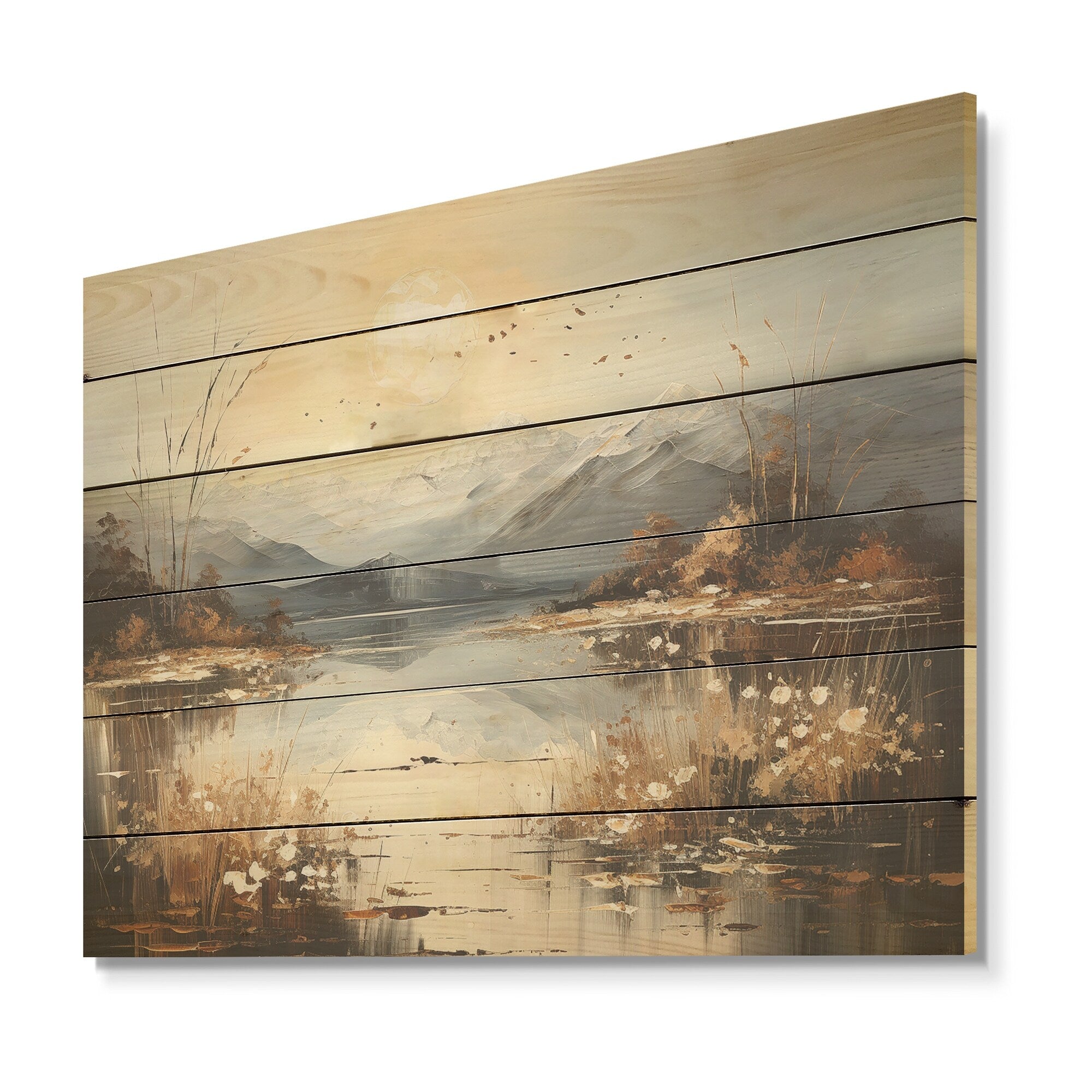 Designart Beige Dandelion Flowers On Lake Flowers Wood Wall Decor Traditional Beige Wood Panel On Natural Pine Wood