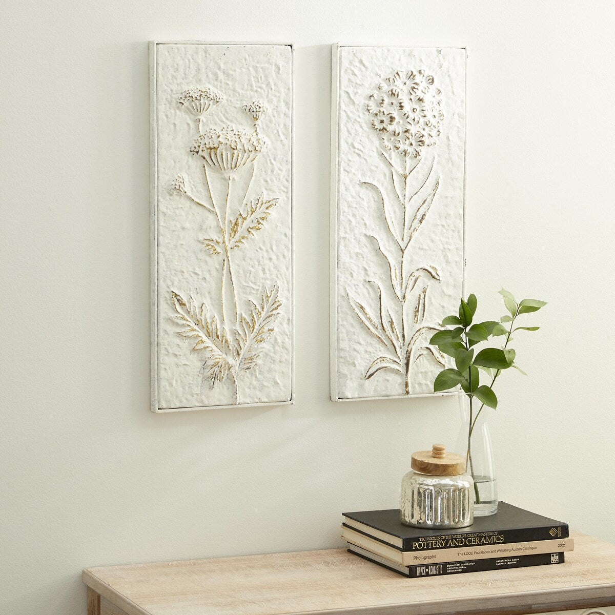 Metal Floral Relief Home Wall Decor with Gold Detailing - Set of 2 White - Roche River Decor