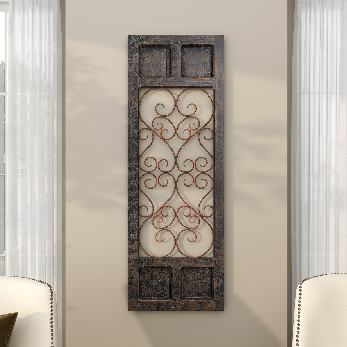 Wood Scroll Window Inspired Panel Home Wall Decor with Copper Metal Scrollwork - Brown - Roche River Decor