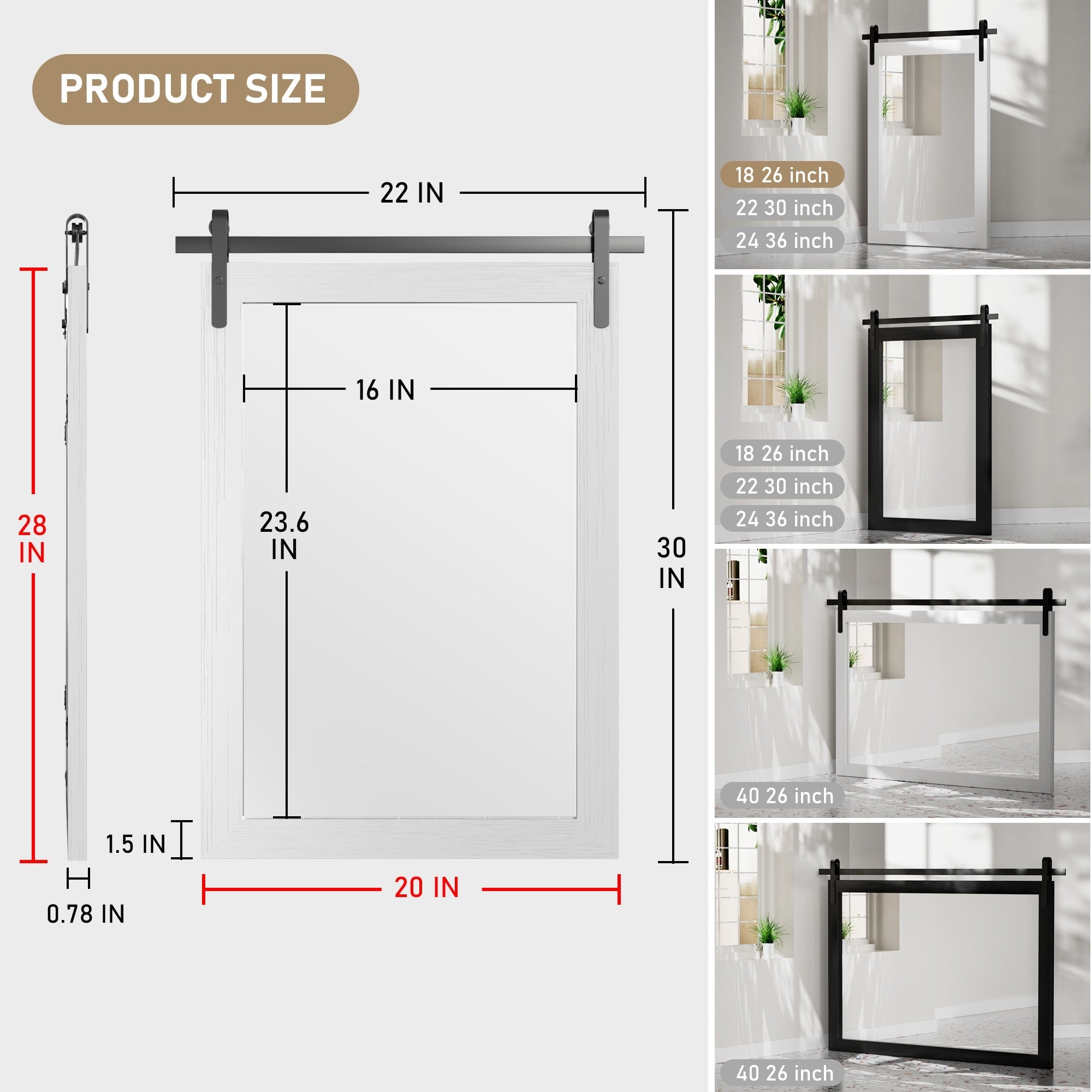 Modern Wall Mirrors, Rectangular Mirror with Wood Framed, Bathroom Mirror Barn Mirror Barn Door Mirror with Multi Size