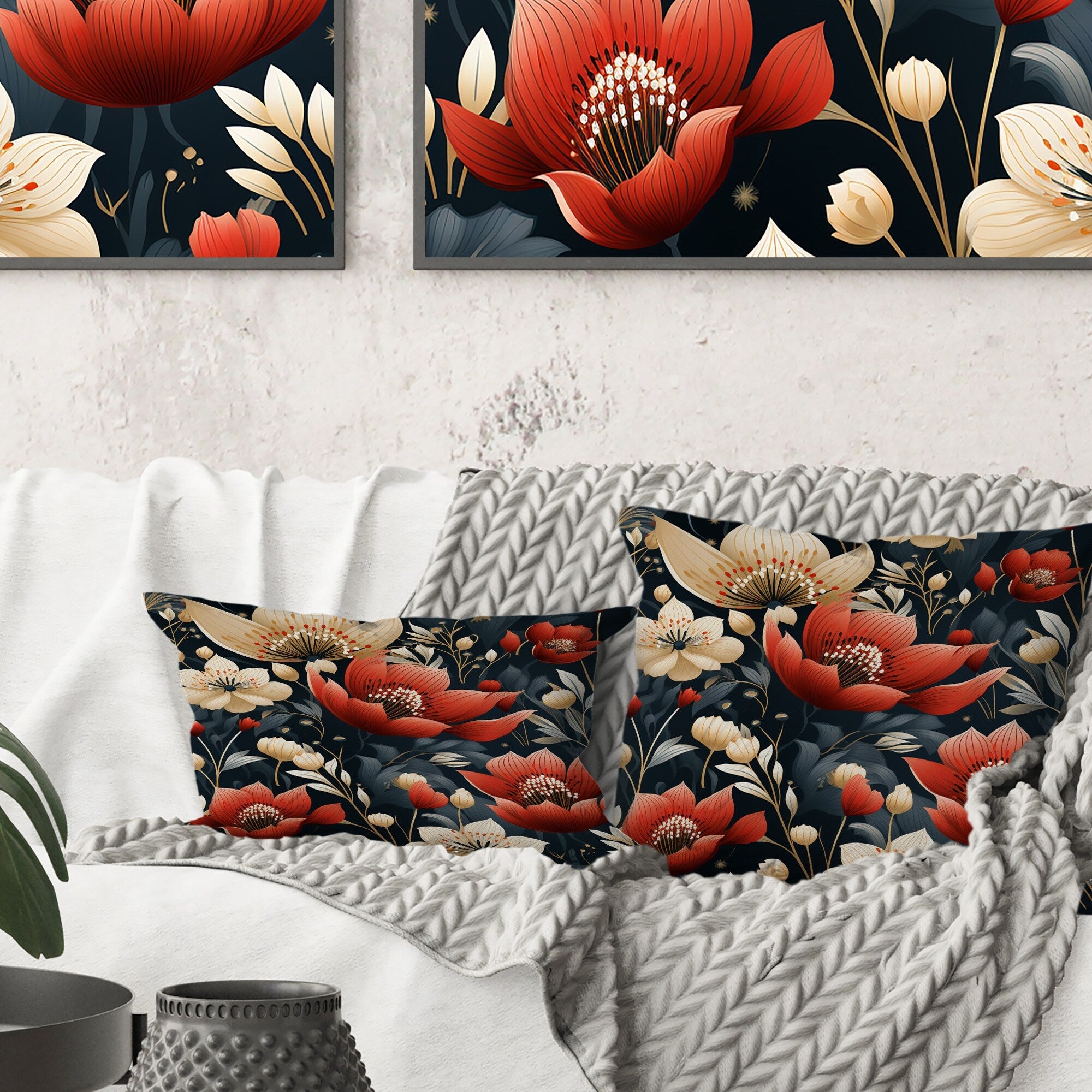 Designart Elegant Maritime Red And Beige Blooming Gardens Floral Printed Throw Pillow