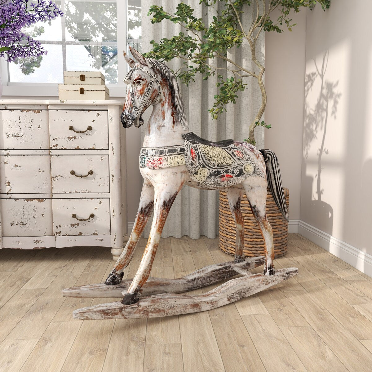 Wood Horse Rocking Decorative Sculpture with Brown Distressing and Colorful Accents - Beige - Roche River Decor