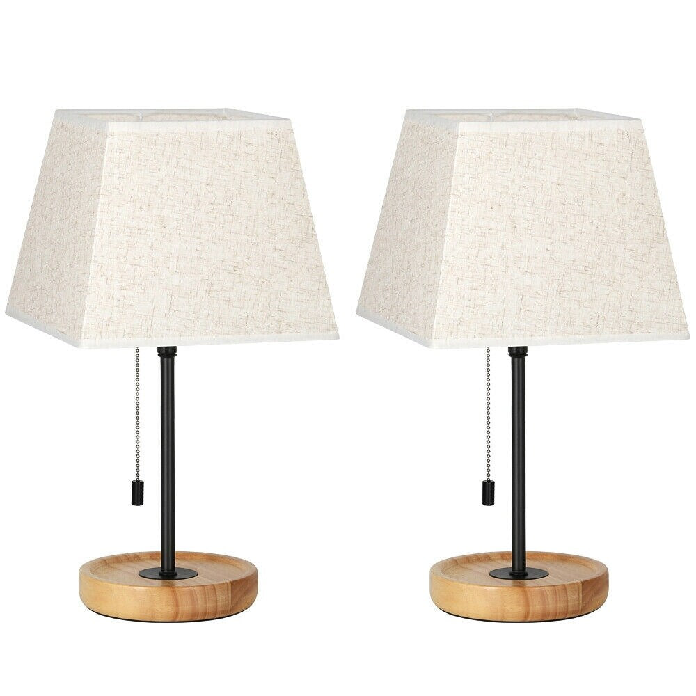 Minimalist Bedside Lamps Set of 2, Pull Chain and Wood Base