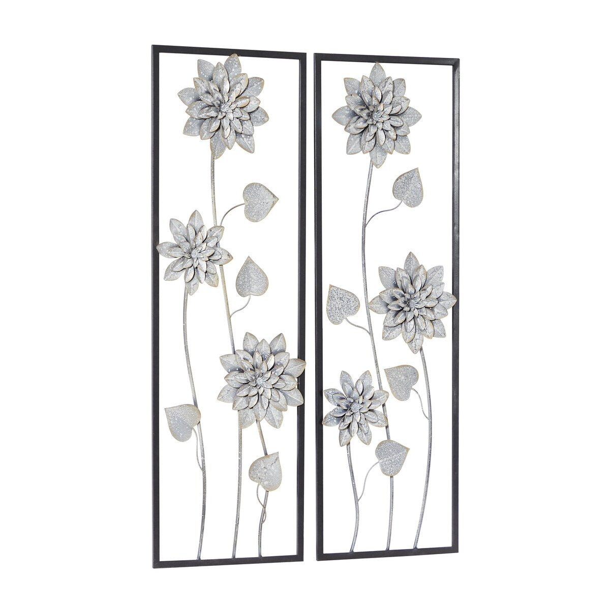 Metal Floral Home Wall Decor with Black Frame - Set of 2 Gray - Roche River Decor