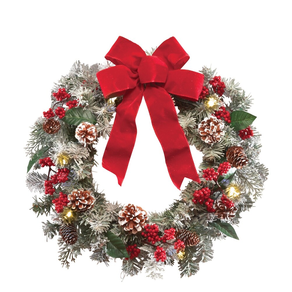 Lighted Holiday Frosted Pine Wreath - 13.700 x 13.500 x 4.800