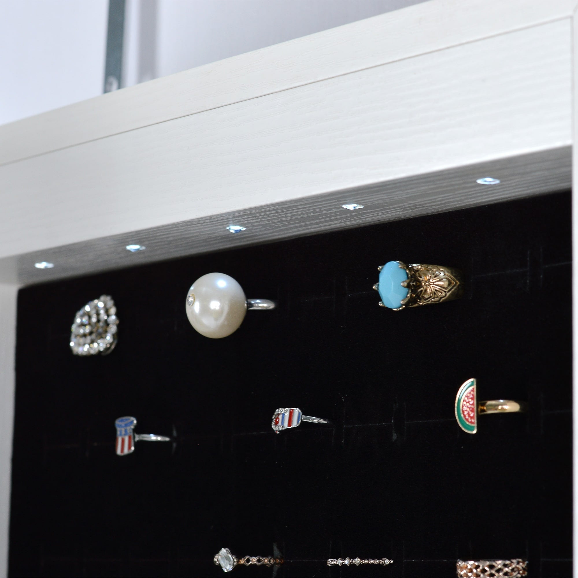 Full Mirror Jewelry Storage Cabinet with LED Light, Wall and Door Mountable