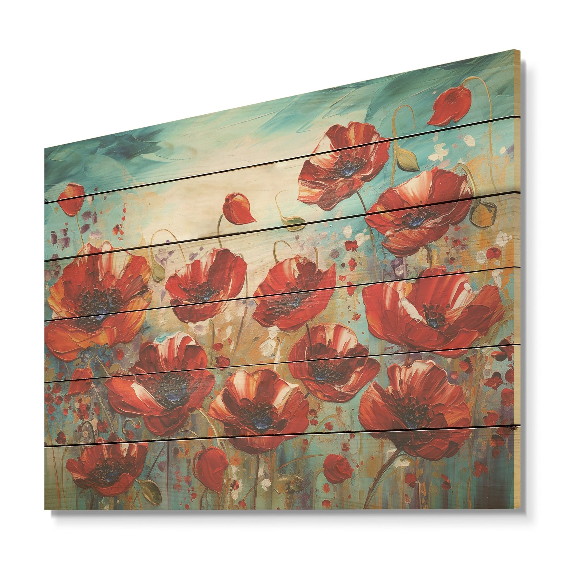 Designart Red Poppies Blossoming Flower Field Wood Wall Decor - Traditional Red Wood Panel On Natural Pine Wood