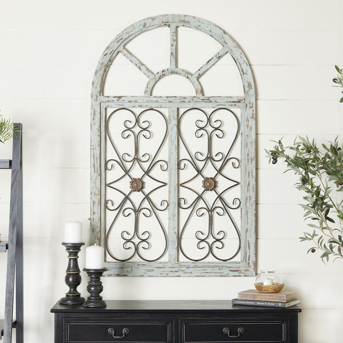 Wood Scroll Arched Window Inspired Home Wall Decor with Metal Scrollwork Relief - Light Blue - Roche River Decor