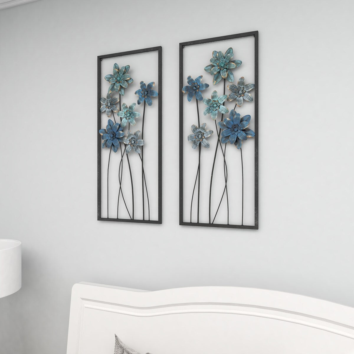 Metal Floral Home Wall Decor with Black Frames and Gold Accents - Set of 2 Teal - Roche River Decor