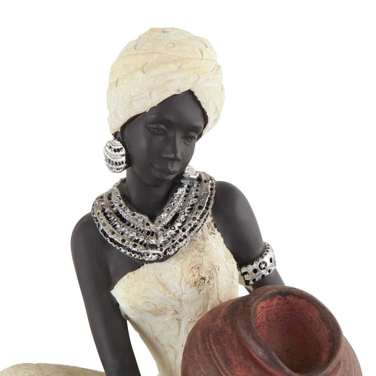 Polystone Woman Sitting African Decorative Sculpture with Red Water Pot - Cream - Roche River Decor