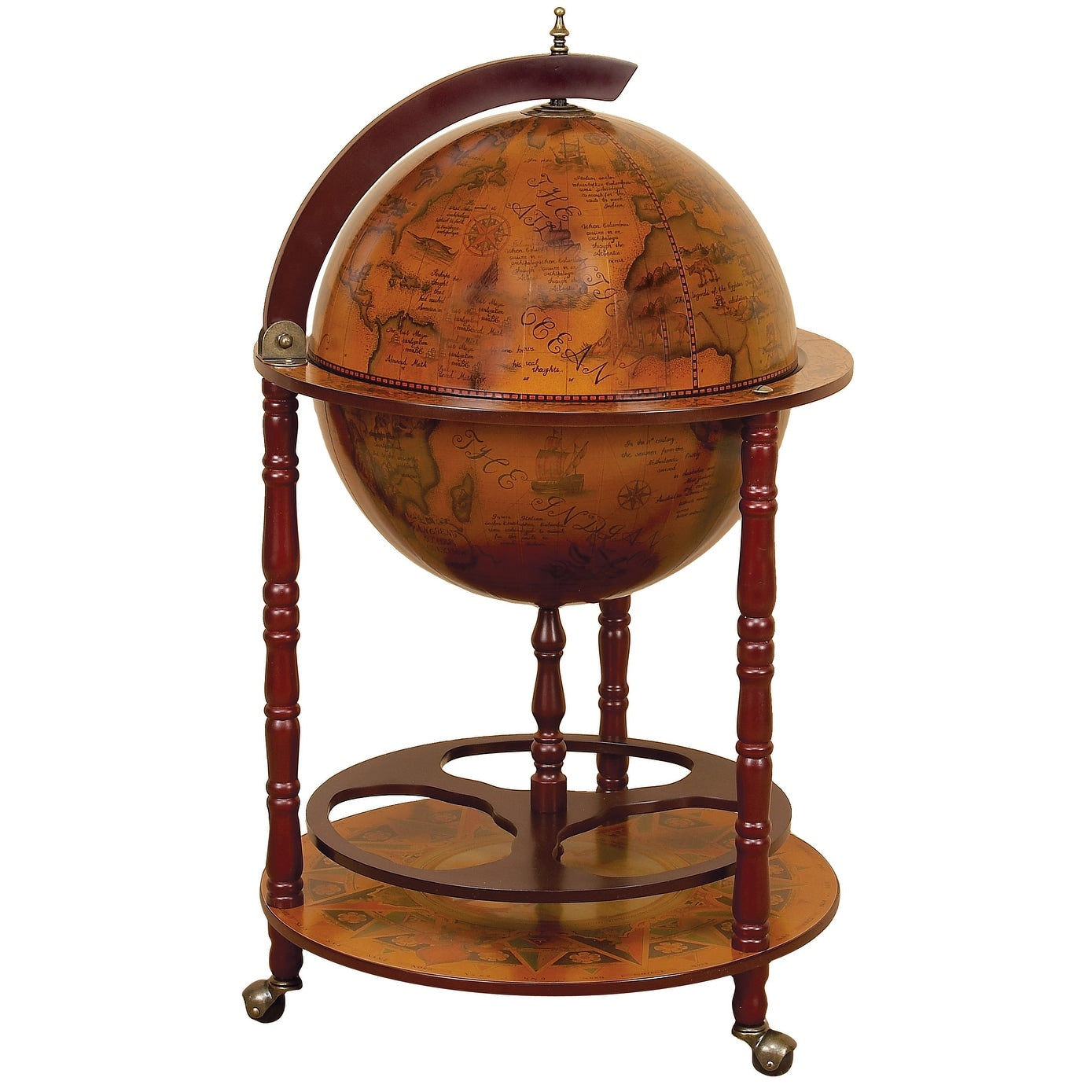 Brown Wood Traditional Wine Storage Glass Globe Cabinet Bar - 22 x 22 x 37