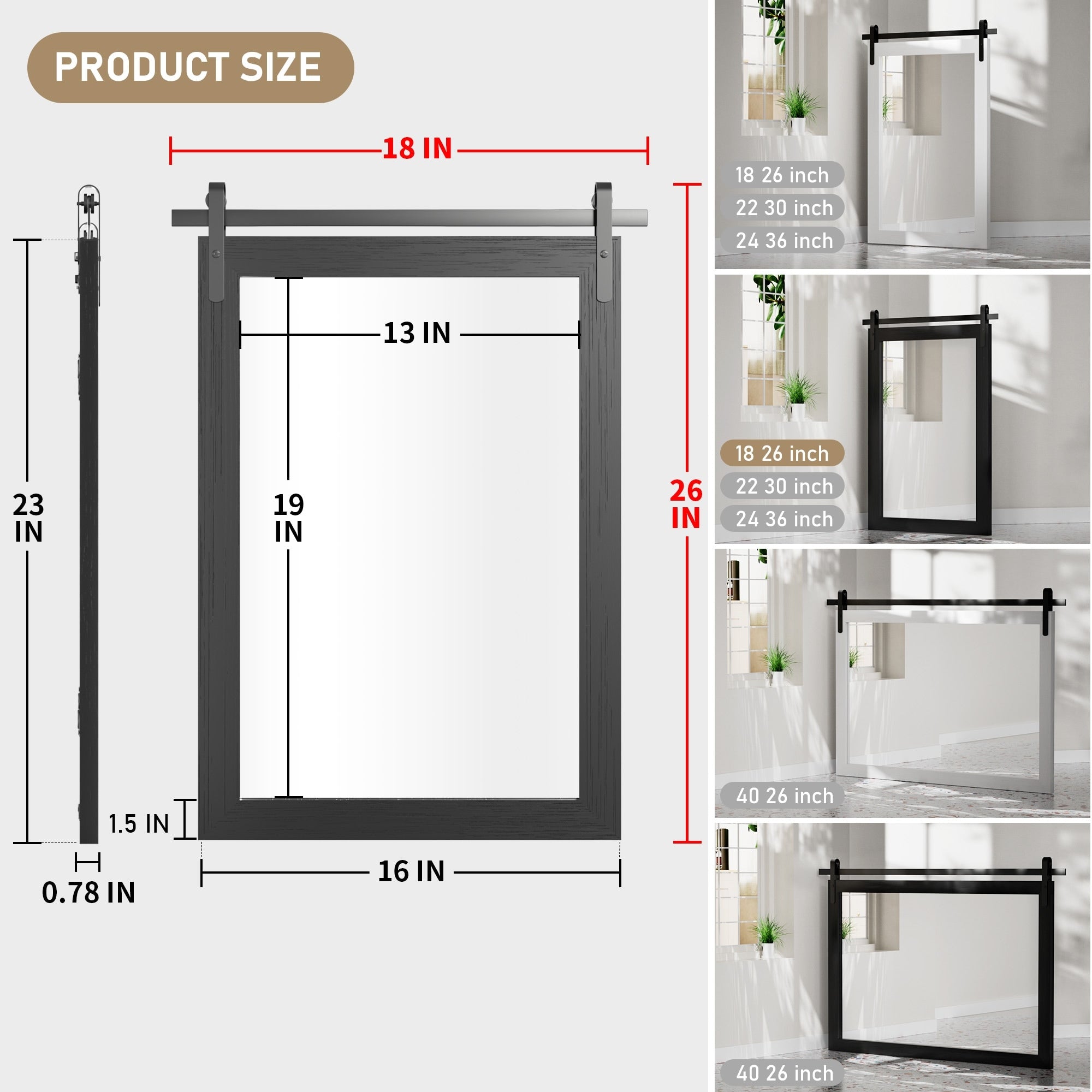 Modern Wall Mirrors, Rectangular Mirror with Wood Framed, Bathroom Mirror Barn Mirror Barn Door Mirror with Multi Size