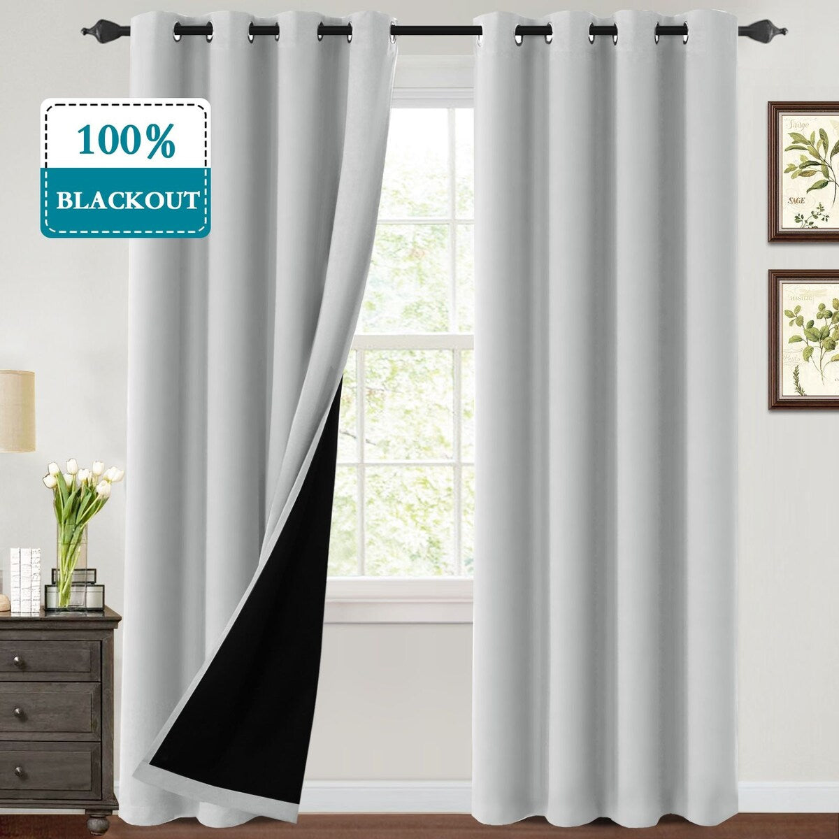 Thermal Insulated 100% Blackout Grommet Curtains with Black Liner(2 panels）