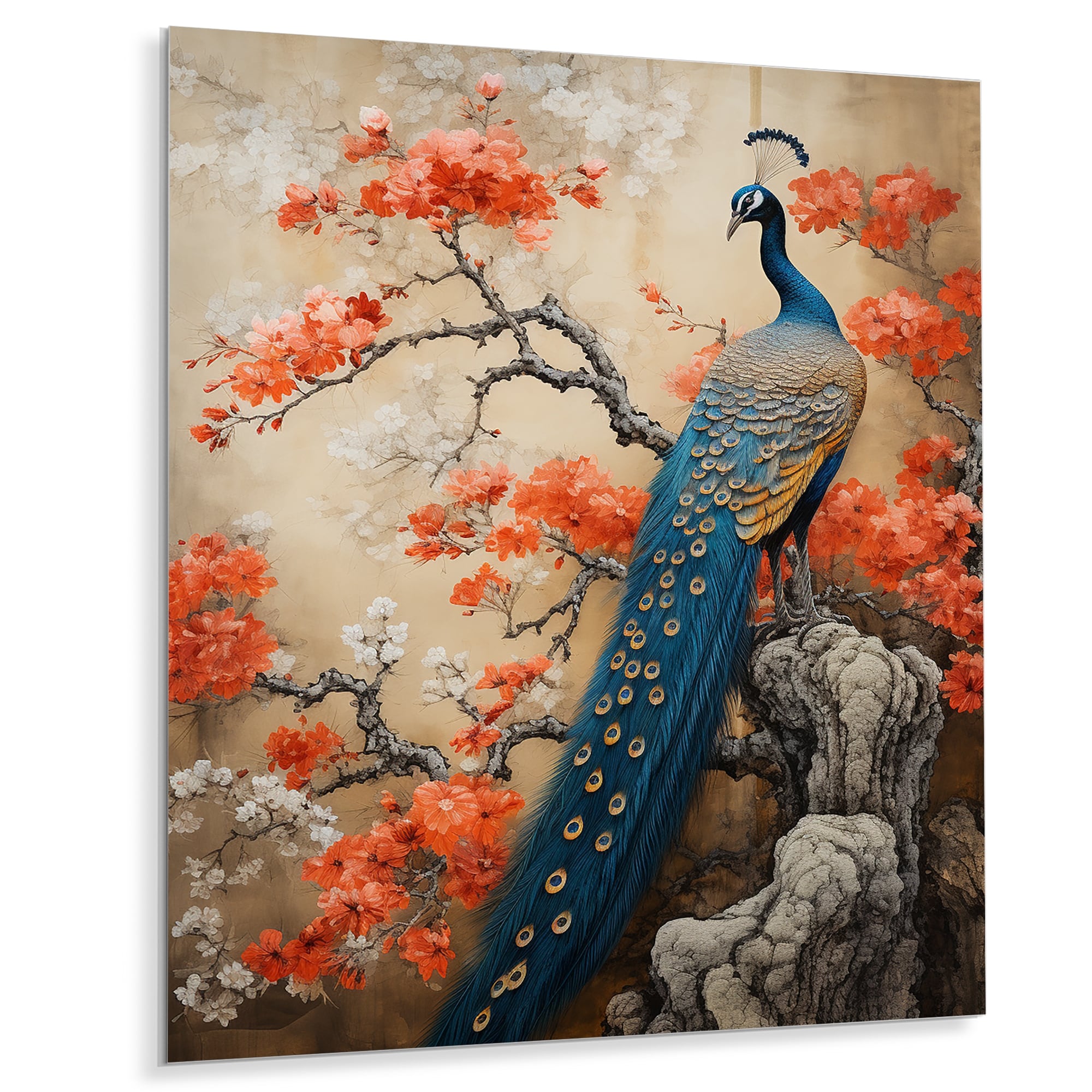 Designart Blue Japanese Royal Floral Peacock III Peacock Animal Metal Wall Art Blue Wall Décor Modern Metal Art Work