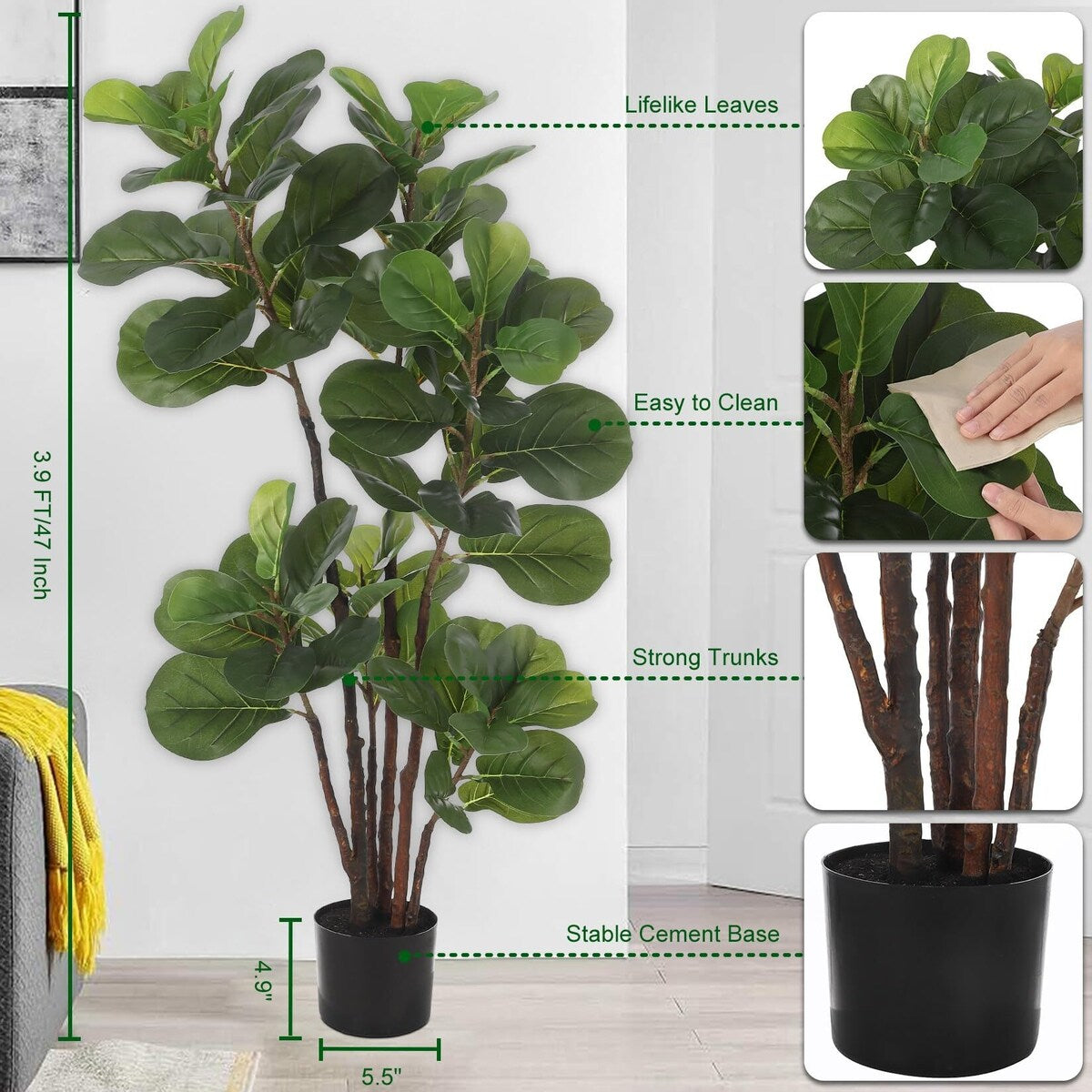 4 FT Artificial Fiddle Leaf Fig Tree - 4 FT