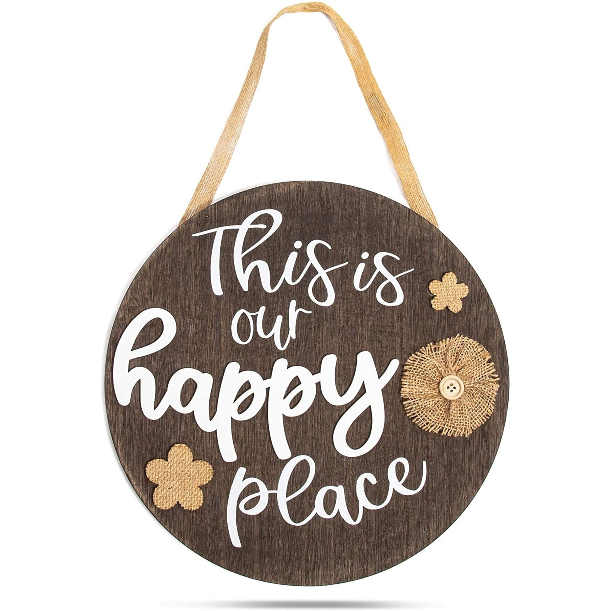 Farmlyn Creek Hanging Wood Sign with Burlap, This is Our Happy Place (11.75 x 11.75 Inches)