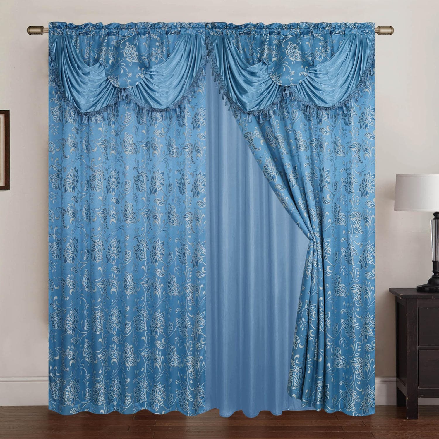 Clayton Jacquard Rod Pocket Curtain Panel Pair with Attached Valance