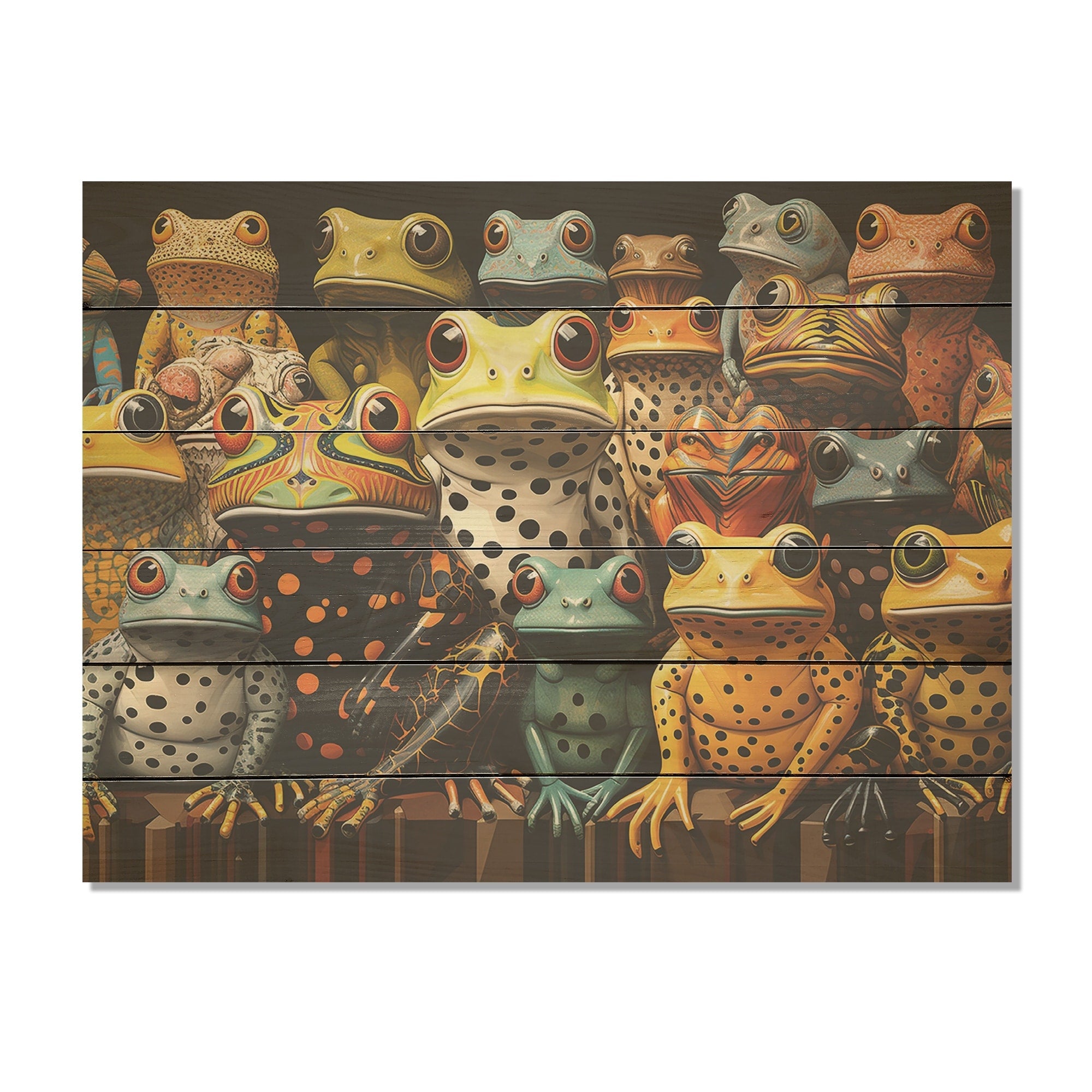 Designart Multicolor Pop Art Frogs I Frogs & Toads Wood Wall Decor - Modern Yellow Wood Panel On Natural Pine Wood