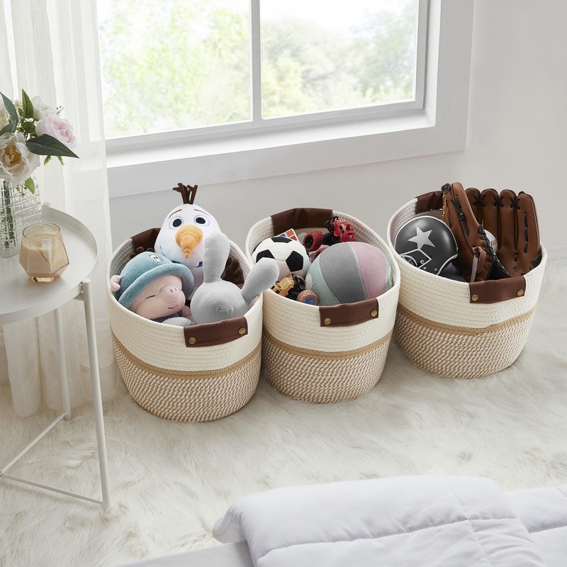 3 Pack Woven Cotton Rope Shelf Storage Basket with Leather Handles, Baby Nursery Storage Bin Organizers, Closet Shelf Storage