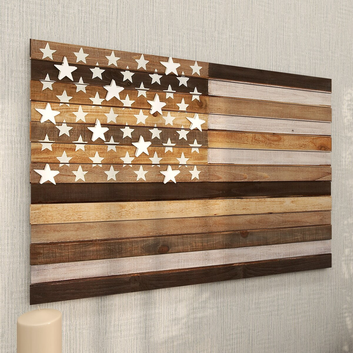 Wood American Flag Handmade Washed Home Wall Decor with Slatted Panels and Cream Stars - Brown - Roche River Decor