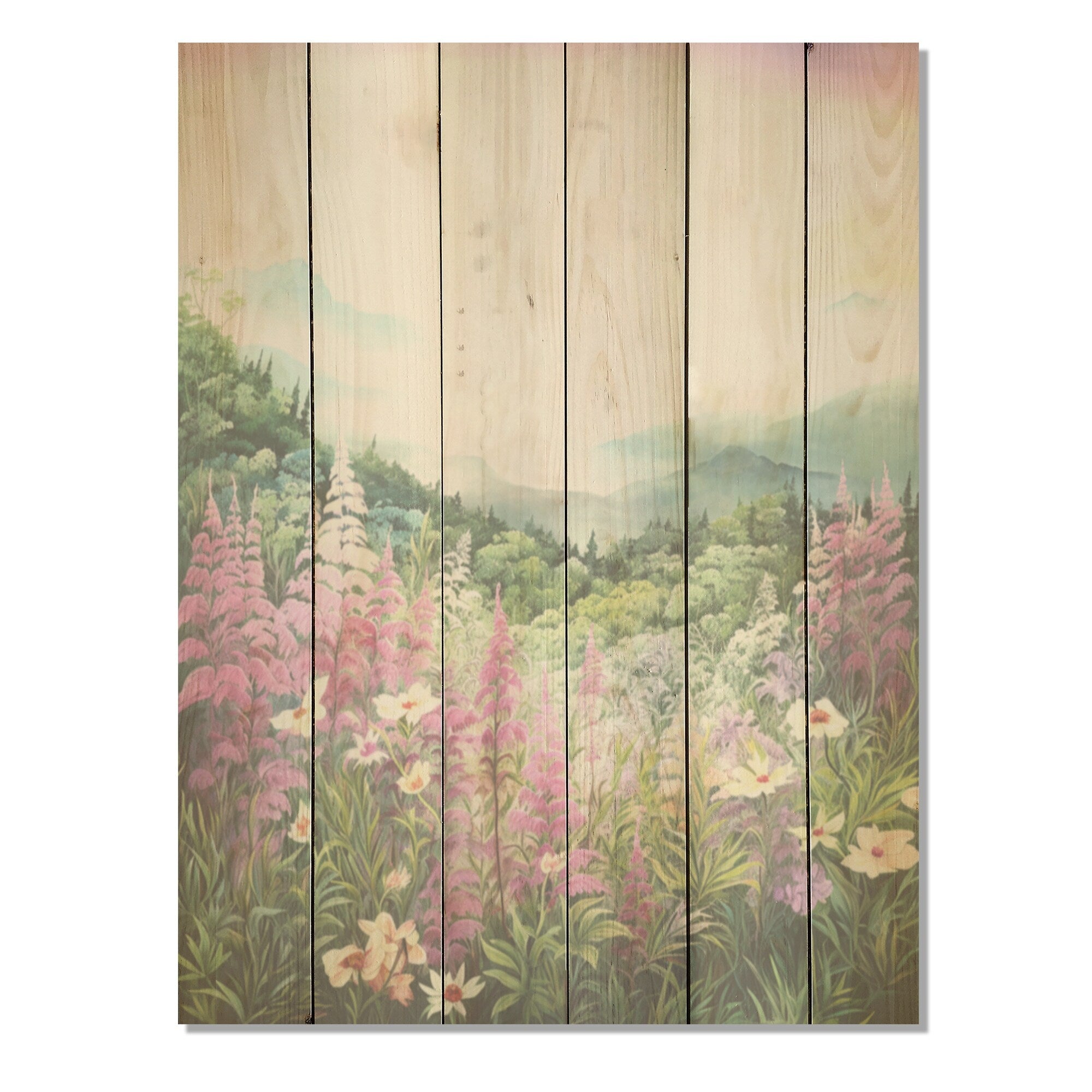 Designart Pink Ferns Hill In Canada Flowers Wood Wall Decor - Traditional Green Wood Panel On Natural Pine Wood