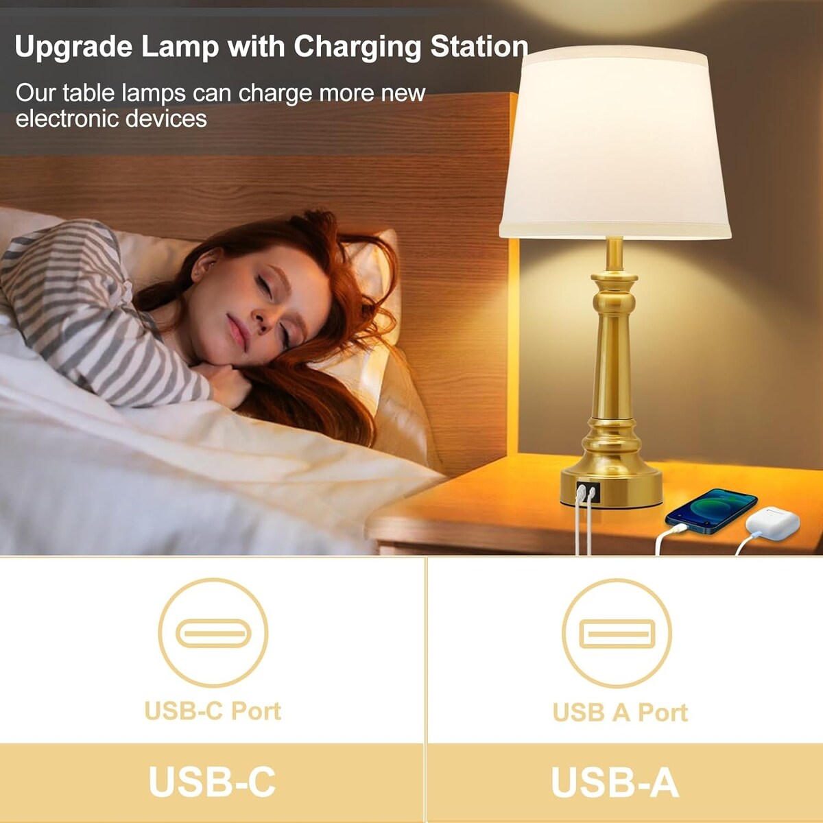 Table Lamps with 2 USB Charging Ports, 3 Ways Dimmable Touch Control Nightstand Bedside Lamps Bedroom Decor