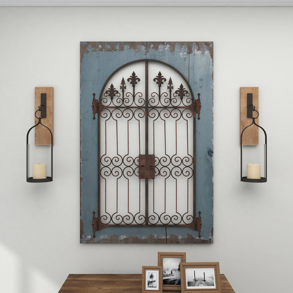 Wood Fleur De Lis Arched Windowpane Home Wall Decor with Rust Metal Scrolled Gate - Blue - Roche River Decor