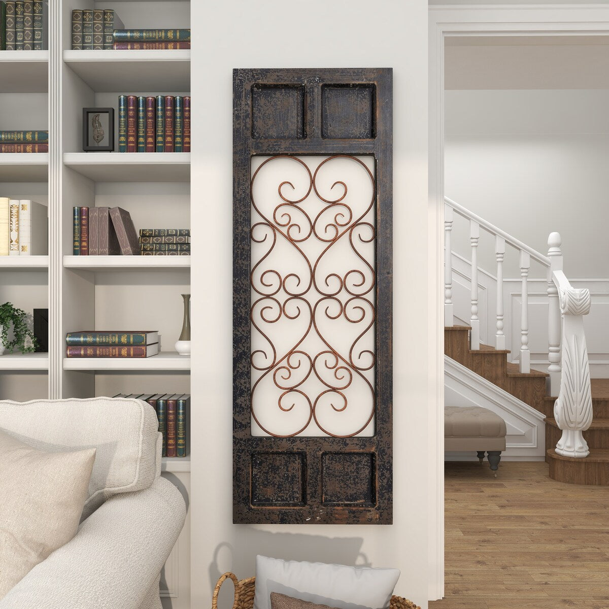 Wood Scroll Window Inspired Panel Home Wall Decor with Copper Metal Scrollwork - Brown - Roche River Decor