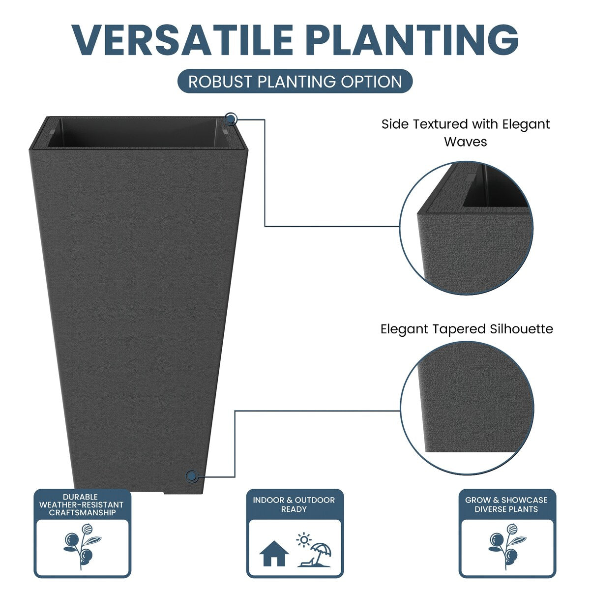 Black Tall Plastic Trapezoid Plant Pots / Large Indoor and Outdoor Flower Planters, 2 Piece Set