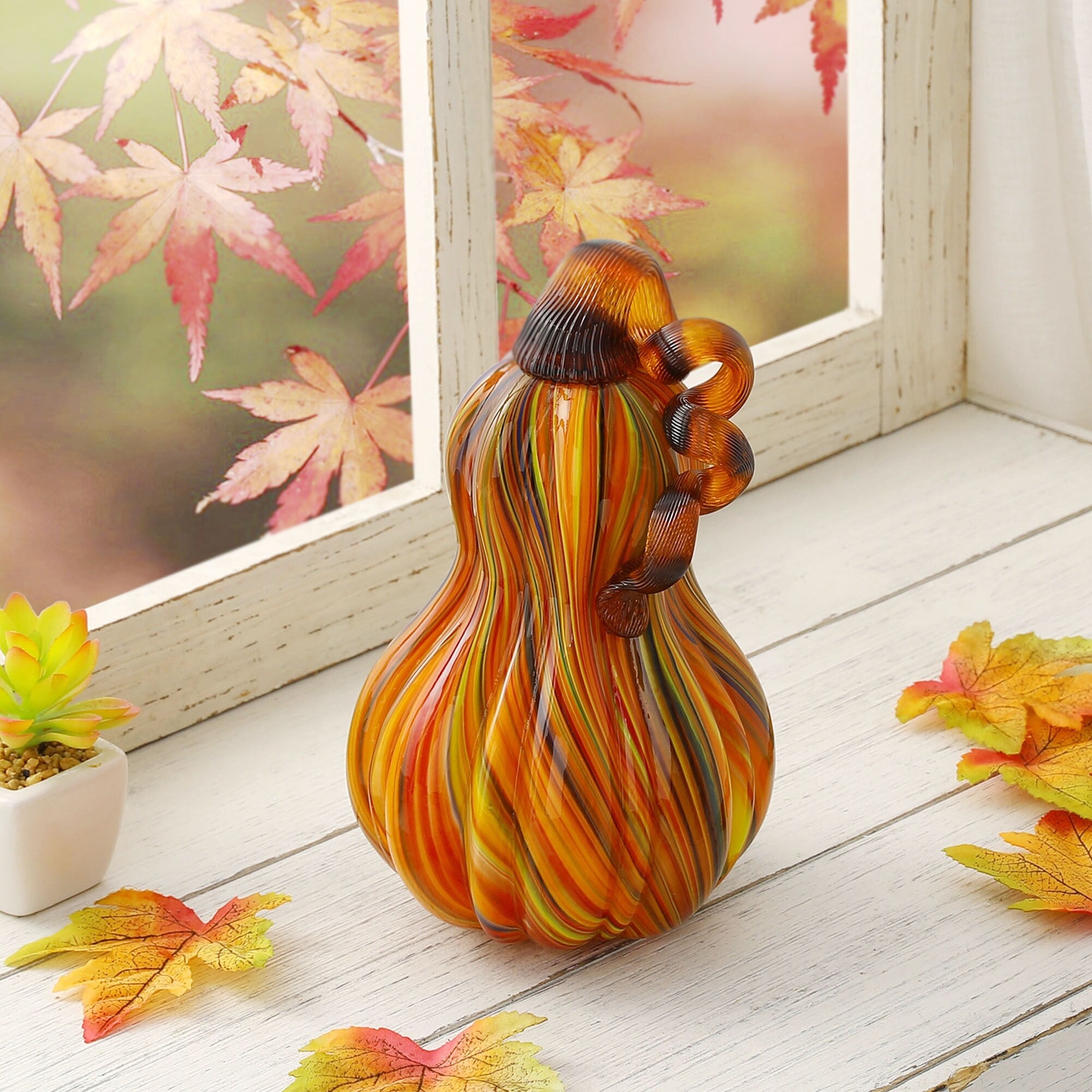 Glitzhome Handblown Multi Striped Fall Harvest Glass Pumpkins Thanksgiving Gift