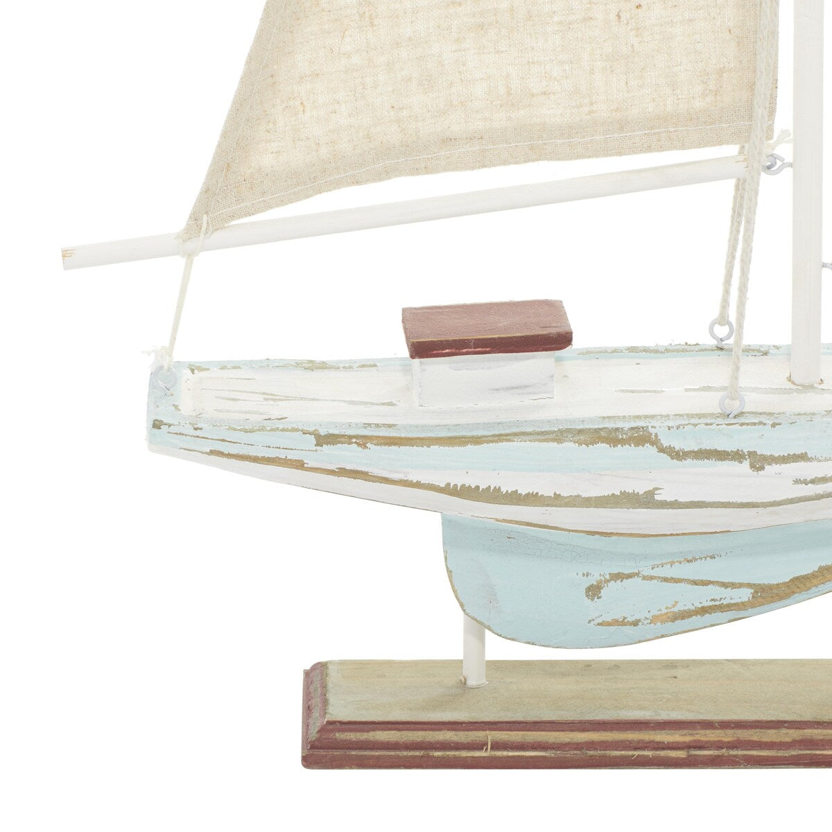 Wood Sail Boat Distressed Decorative Sculpture with Cream Linen Sails and Brown Accents - Blue - Roche River Decor