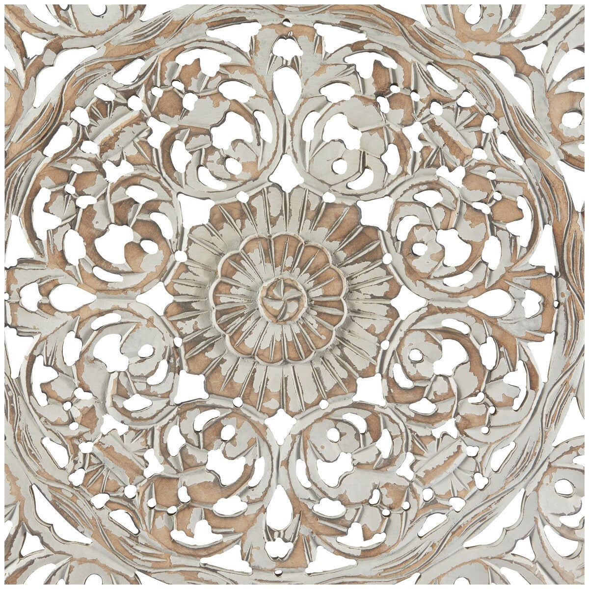 Wooden Floral Handmade Carved Scroll Mandala Home Wall Decor with Brown Distressing - Gray - Roche River Decor