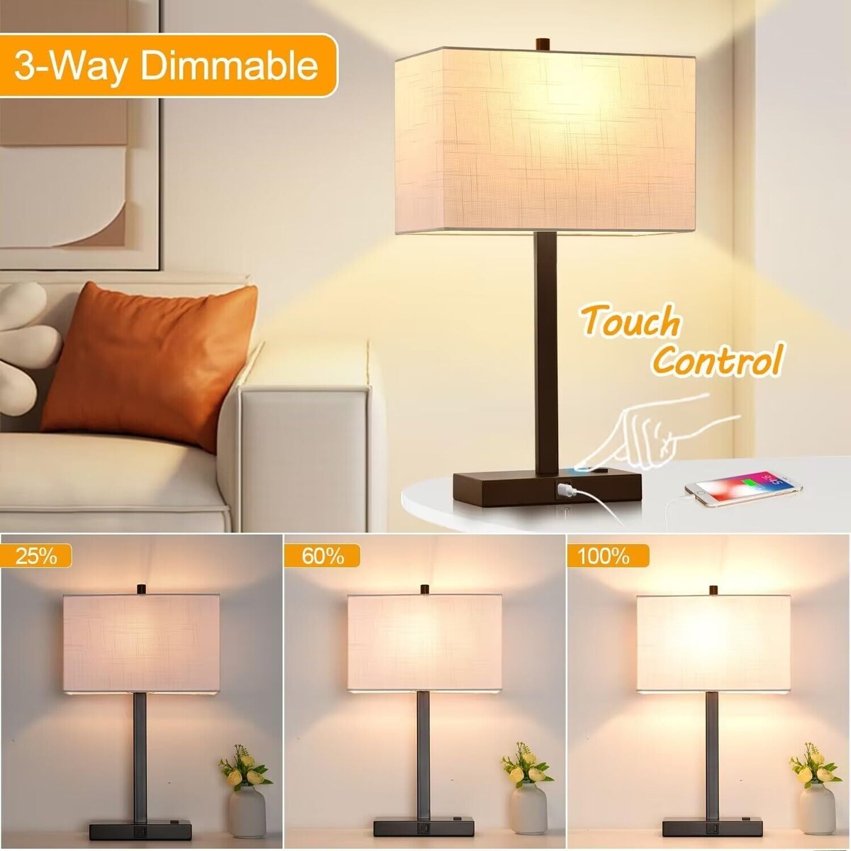 Upgraded, Set of 2 Bedside Touch Control Table Lamp